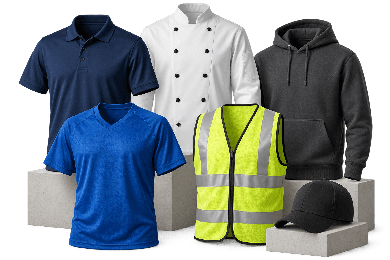 Studio product composition of polo shirt, chef jacket, hoodie, sports jersey, safety vest and cap